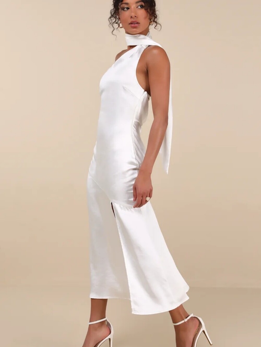 Lulus Reglan Satin One-Shoulder Sash Midi Dress - White